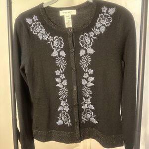 Nine West 100% wool Black Cardigan with Blue Embroidery